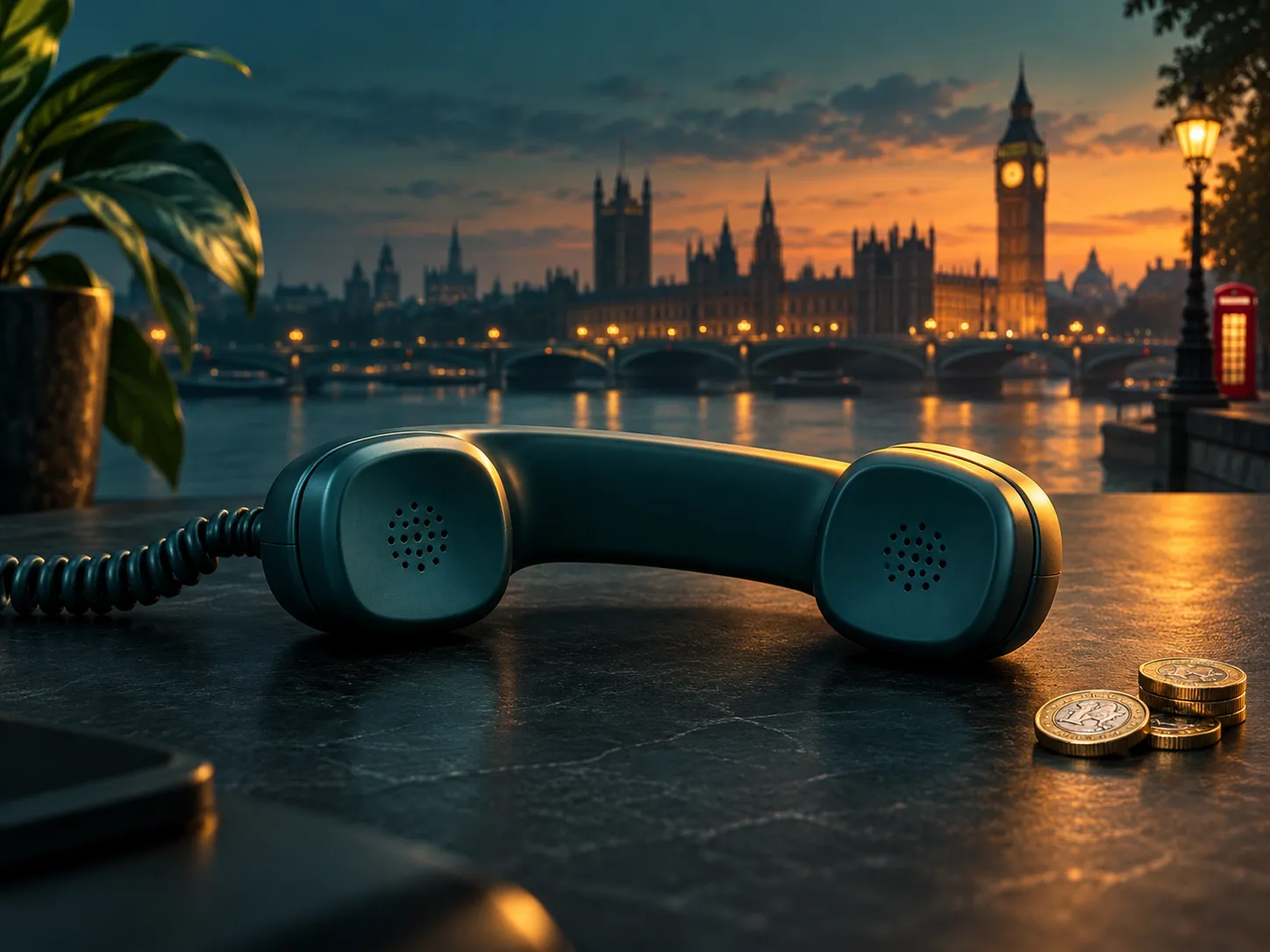 A vintage telephone handset resting on a dark table with warm amber light accents, evoking a calm, trustworthy UK casino supp