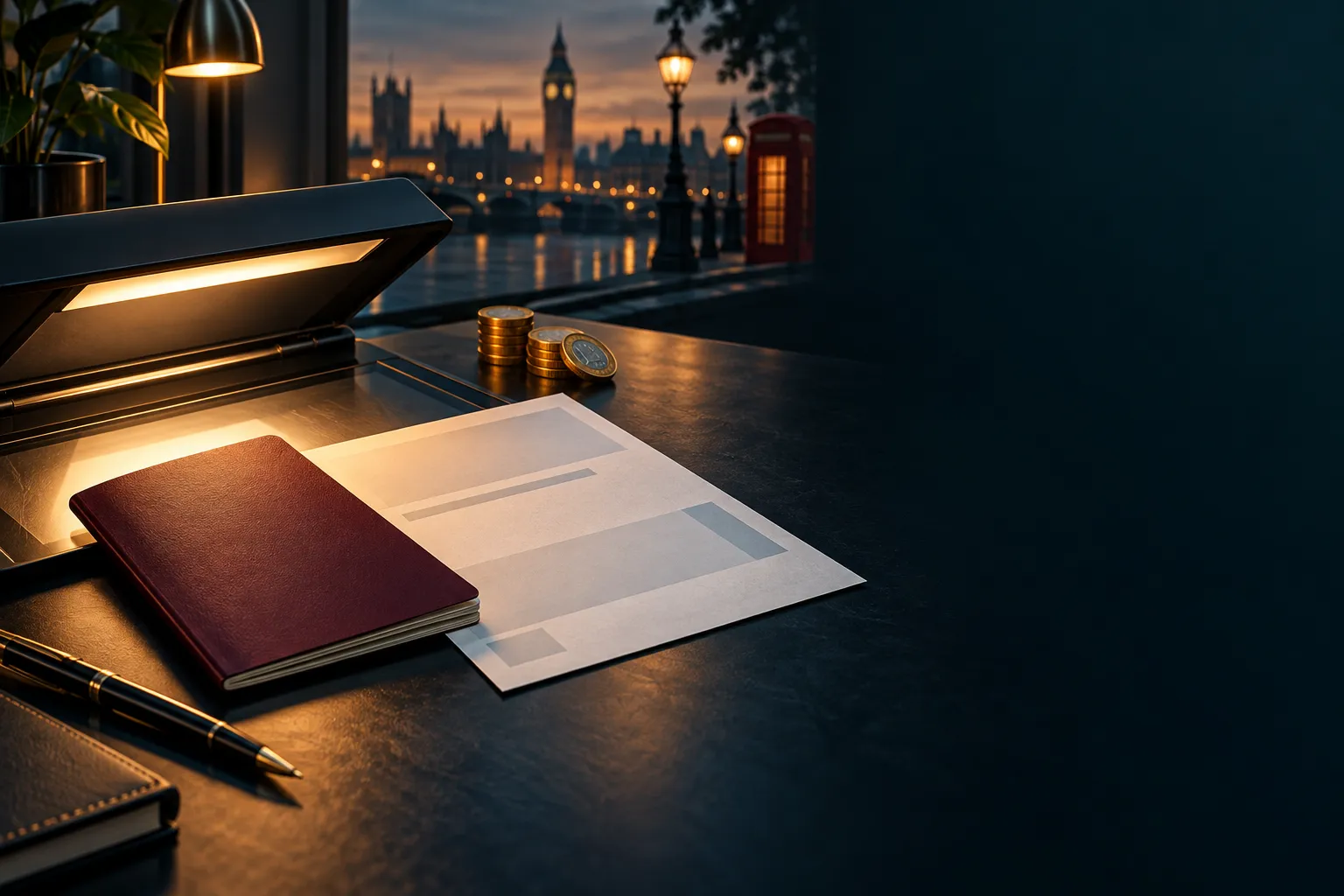 A passport and utility bill on a dark desk illuminated by scanner light, abstract editorial illustration for UK casino identi
