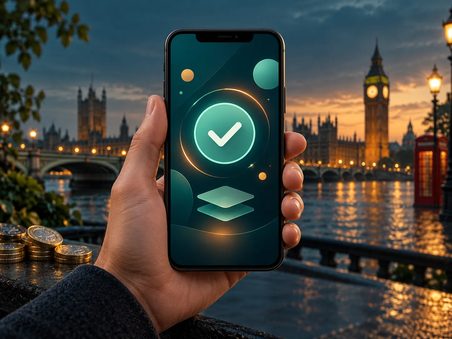 Semi-realistic digital painting of a smartphone displaying an abstract payment approved screen, deep teal and amber palette w