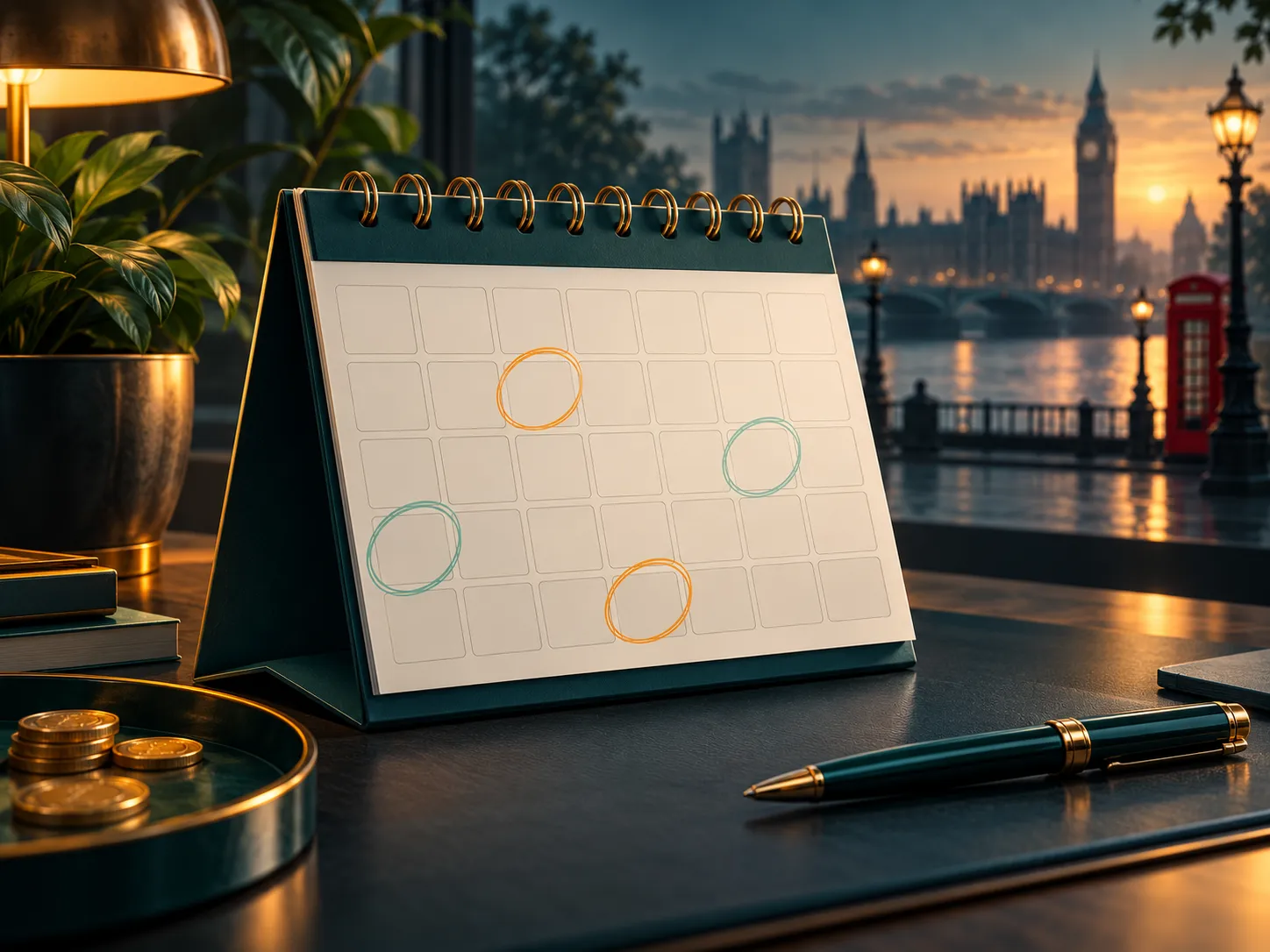 Semi-realistic digital painting of a calendar with circled dates, deep teal and amber palette, soft cinematic lighting, trust