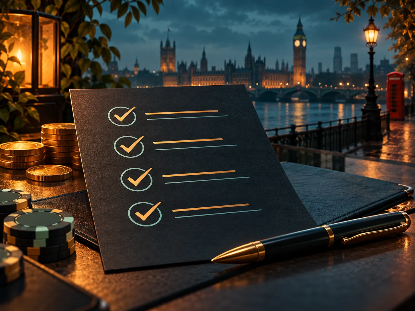 Semi-realistic digital painting of a dark-paper checklist with amber tick marks, deep teal and charcoal tones, soft cinematic
