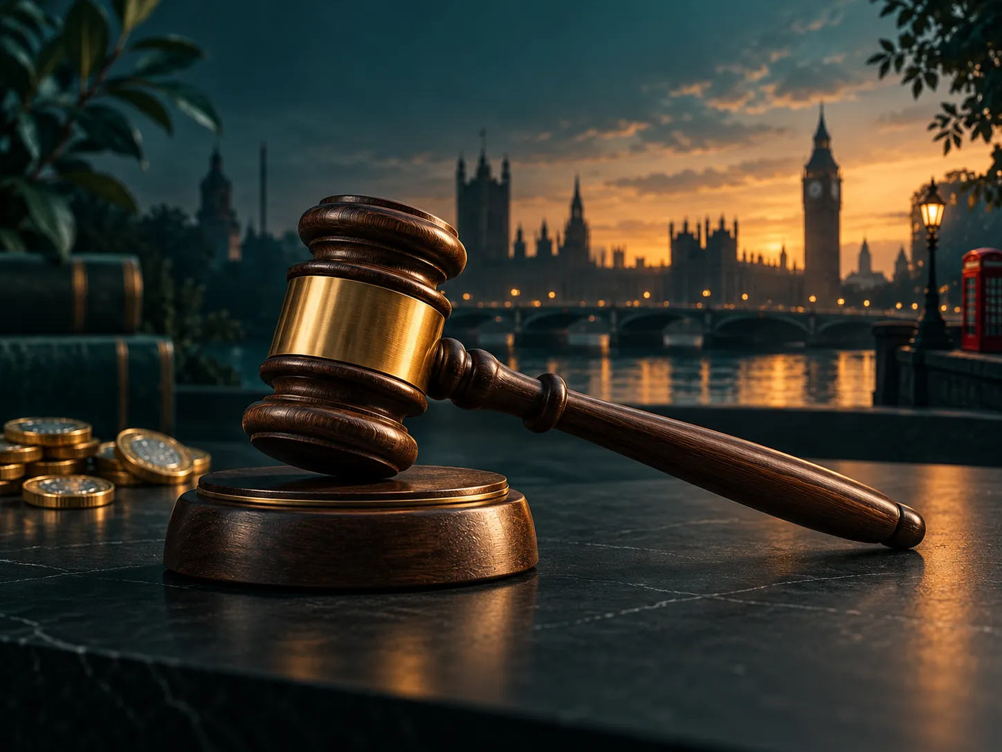 Minimalist wooden gavel centred on deep teal background with warm amber highlights and faint London skyline silhouette, trust