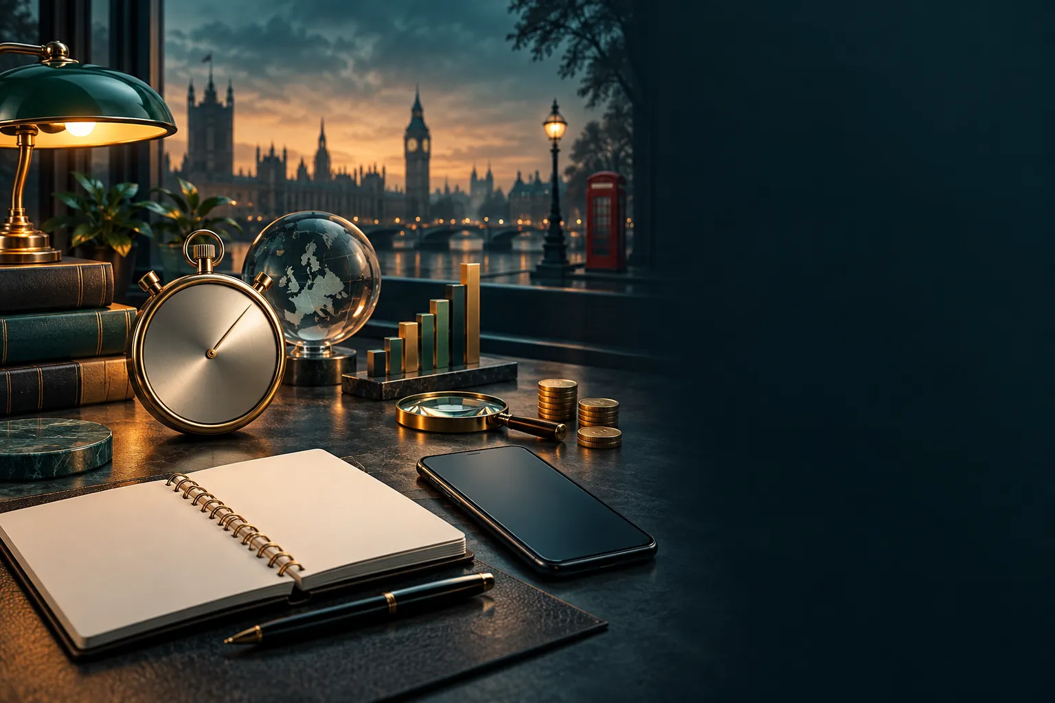 Editorial illustration of a laboratory desk with stopwatch, notebook and phone in deep teal tones with amber accents, London 