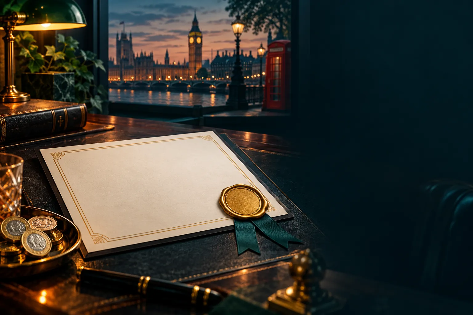 Official-looking gold wax seal and certificate on a dark desk, editorial illustration for a UK casino review site