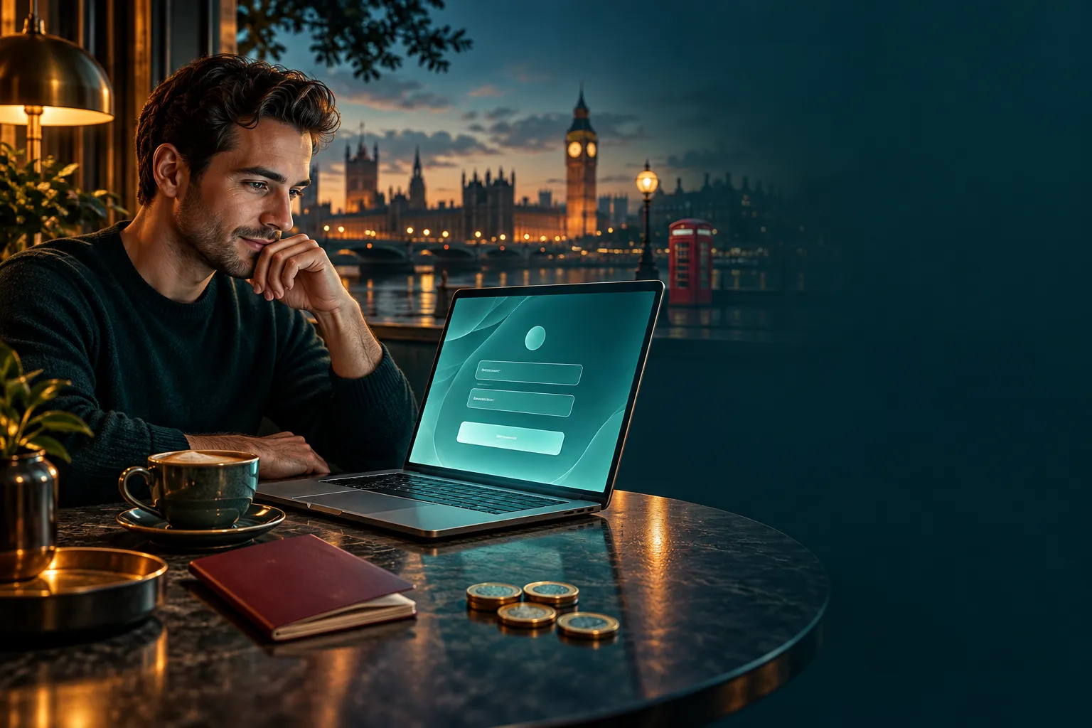 Laptop displaying abstract teal sign-up form beside a passport and coffee cup, with soft cinematic lighting on a deep teal ba
