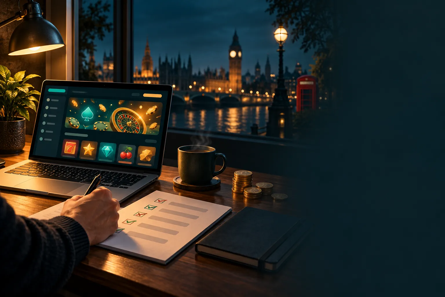 A reviewer's desk at night with a glowing laptop showing an abstract casino lobby, printed checklist, teal and amber cinemati