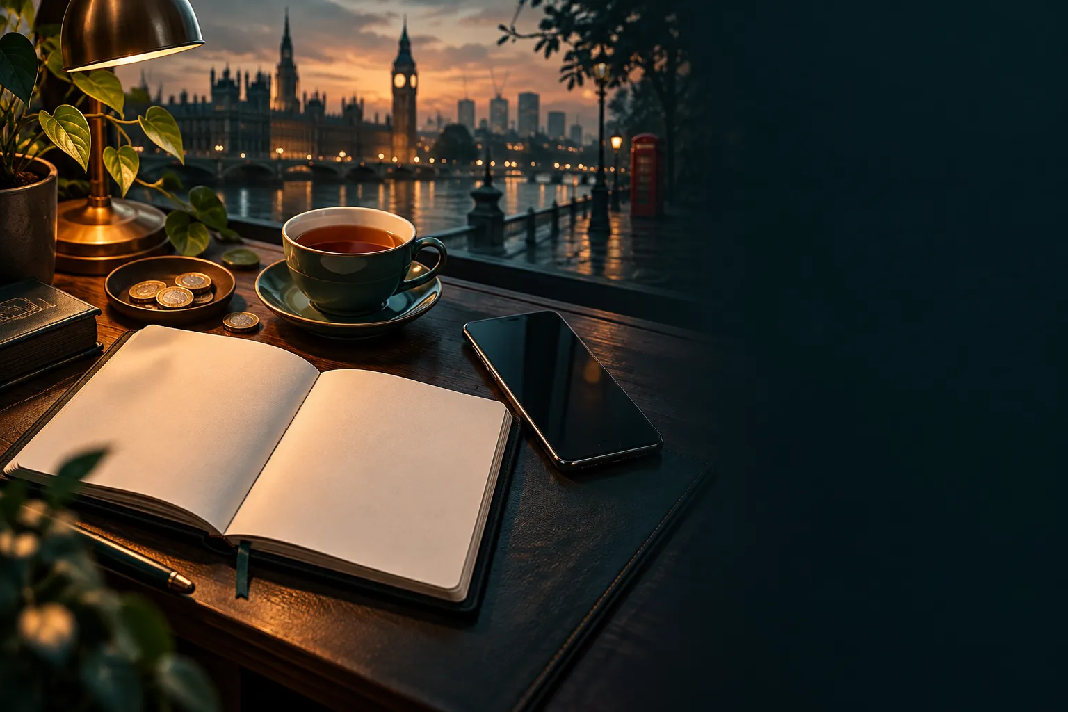 Overhead editorial view of a reviewer's workspace with notebook, phone, and cup of tea on a deep teal surface with warm amber