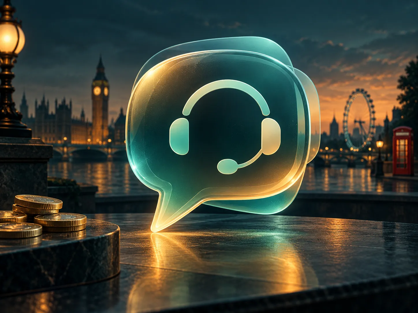 Abstract support chat bubble composition in deep teal and amber tones with subtle London skyline silhouette, conveying calm t