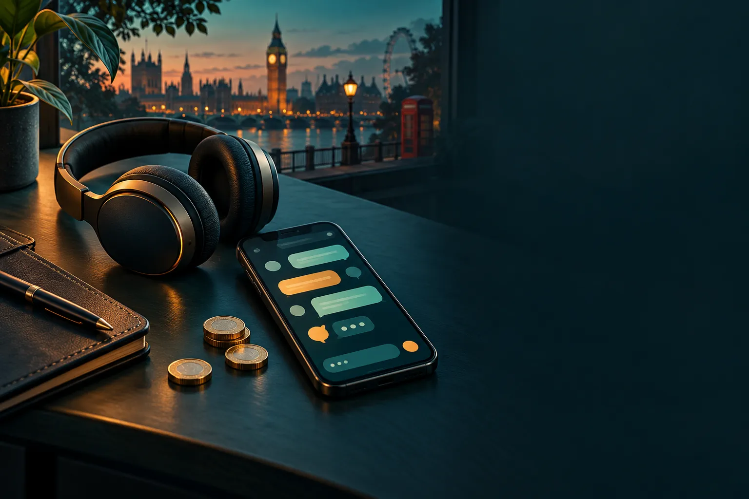 Editorial illustration of a headset and phone with abstract chat window on a deep teal desk, warm amber accents, calm trustwo