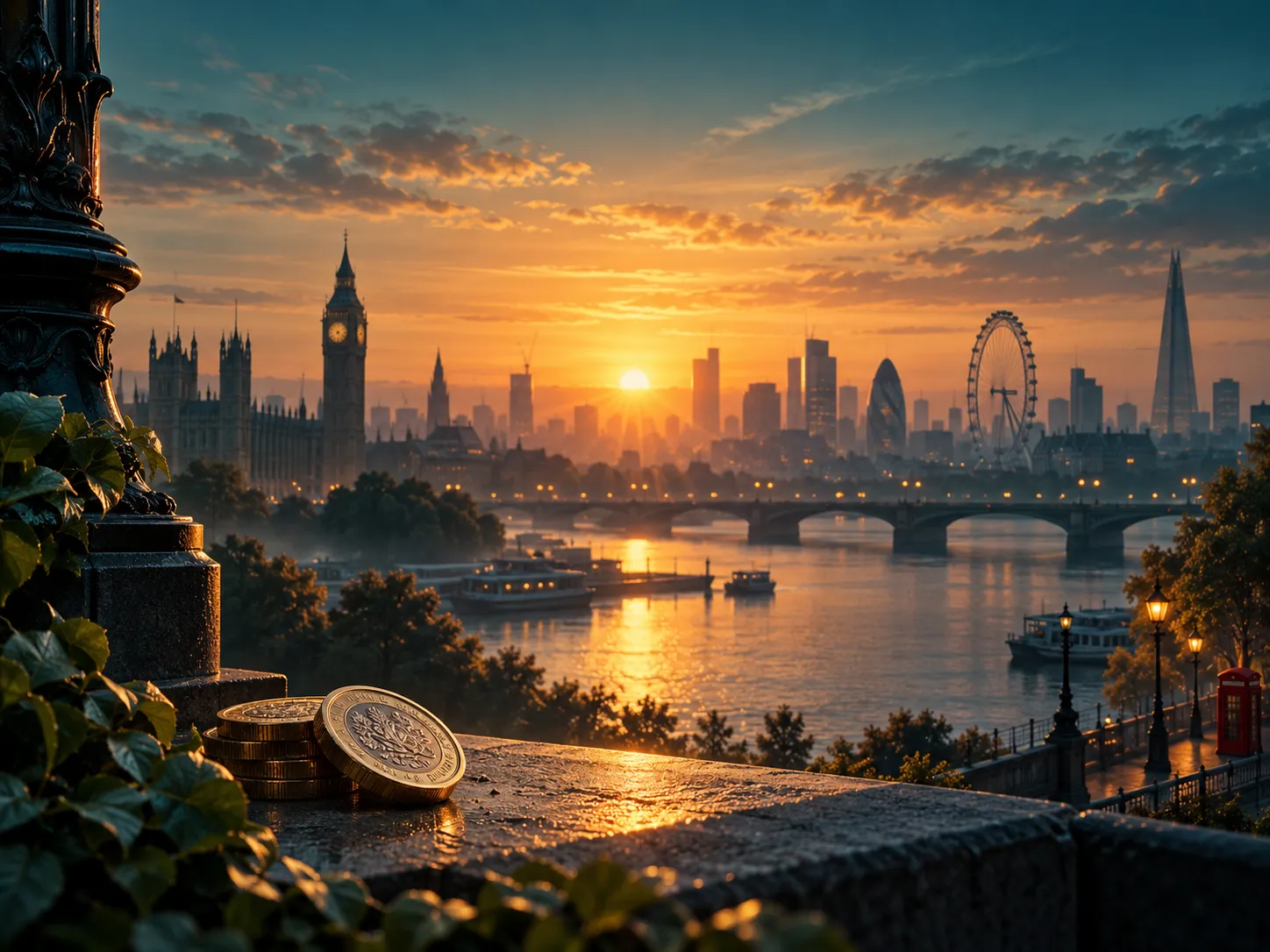 Cinematic sunrise over a quiet UK city skyline in deep teal and warm amber tones, editorial digital painting style