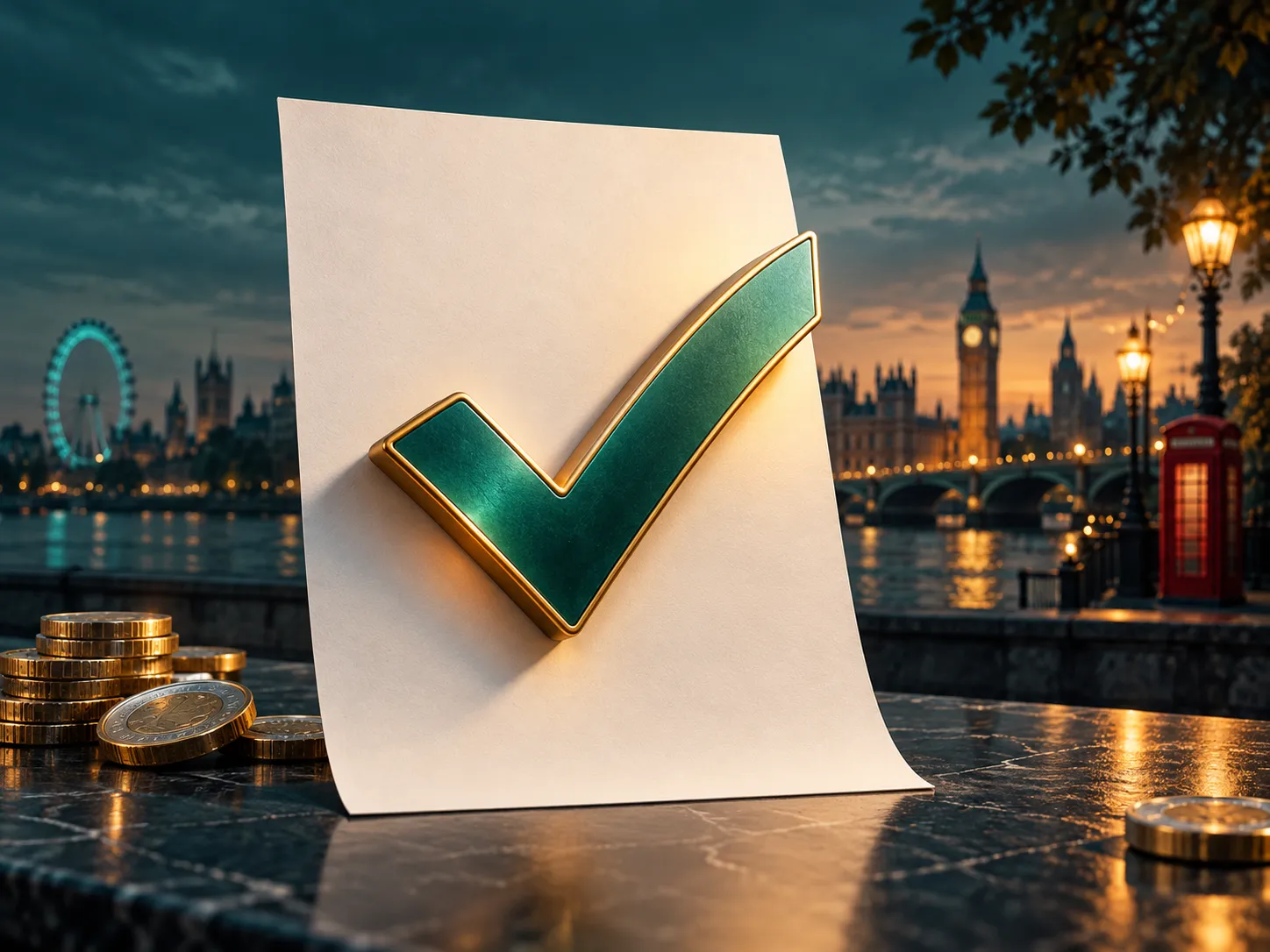 A resolved amber tick mark over a clean document, set against a deep teal background with subtle UK-themed accents in a calm 