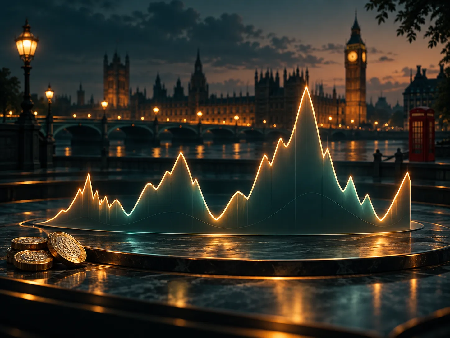 Abstract line chart illustrating casino game volatility concept, rendered in deep teal and warm amber tones with cinematic li